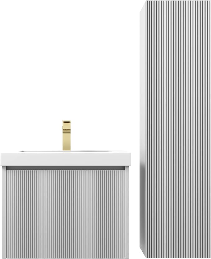 Blossom 24 Inch Bathroom Vanity with Sink and Side Cabinet, All Wood Floating Bathroom Vanity with Acrylic Sink, Bathroom Sink Cabinet with Soft-Close Drawer, Modern Style Vanities, Light Grey