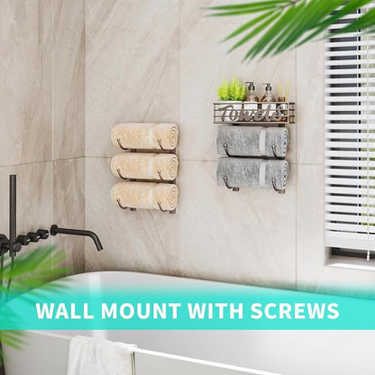 HapiRm Towel Racks for Bathroom Storage - 6 Tier Over The Door & Wall Mount Rolled Towel Storage Organizer Holder with Metal Shelf Basket for Small Bathroom, Camper, Rv - Patented