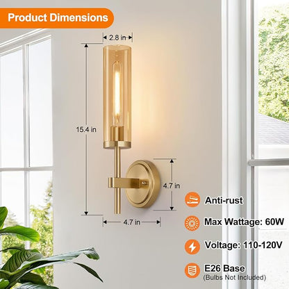 MOKATNG Hardwired Wall Sconces Set of Two, Brushed Gold Bathroom Sconces with Amber Glass, Modern Wall Light Fixtures for Bathroom Mirror Vanity, Living Room, Hallway, Stairway, Cabinet, Foyer