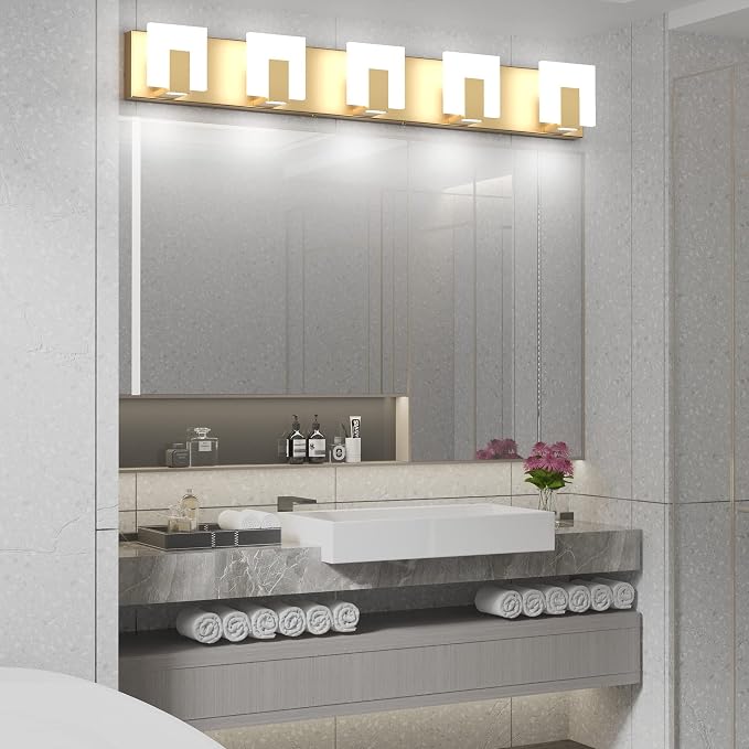 Aipsun Gold Bathroom Vanity Lighting Fixtures Modern LED 5 Lights Vanity Light for Bathroom Up and Down Wall Light Fixtures 6000K