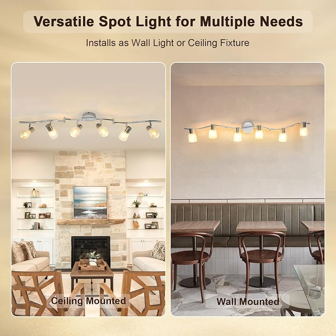 HiBay 6-Light Track Lighting, Flexible Ceiling Light Fixture w/Glass Shade | Modern Chrome Track Spot Lights Indoor for Kitchen, Living Room, Bedroom, Home Office, E12 Base, No Bulbs