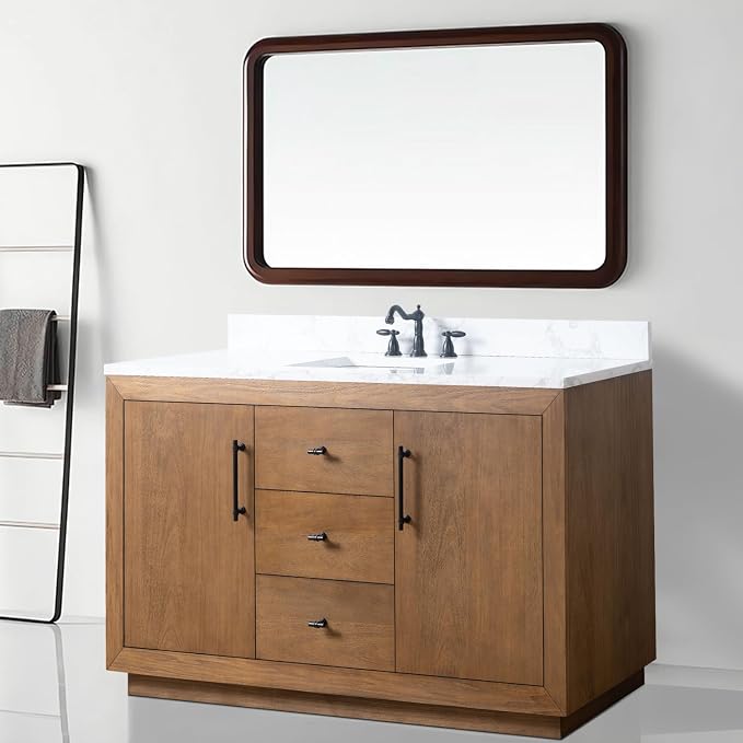 Vanity Art 60 inch Bathroom Vanity with Single Sink, Modern Wood Bath Vanity with Carrara Marble Top, Vanity Cabinet with Doors， Removable Shelf, Solid Wood Frame, Ceramic Sink, Tan, VA7060E