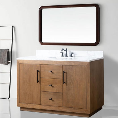 Vanity Art 60 inch Bathroom Vanity with Single Sink, Modern Wood Bath Vanity with Carrara Marble Top, Vanity Cabinet with Doors， Removable Shelf, Solid Wood Frame, Ceramic Sink, Tan, VA7060E
