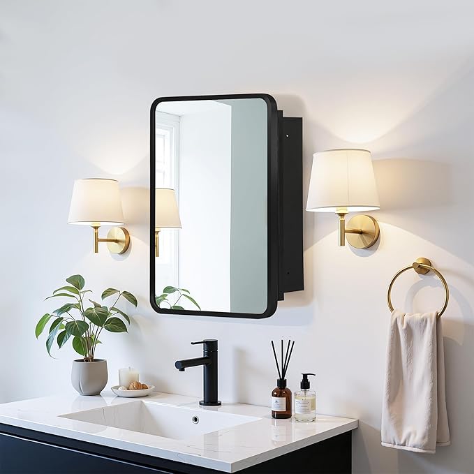 Casaphoria 24" H x 16" W Bathroom Medicine Cabinet with Mirror, Metal Frame Wall Medicine Cabinets Mirrors, Wall Mirror Cabinet, Black