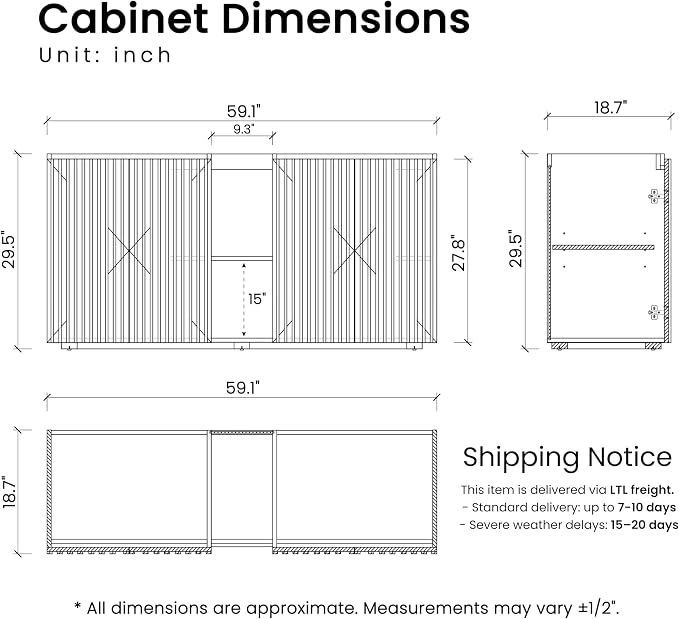 60" Double Bathroom Vanity with Sink, Mid Century Modern Bathroom Cabinet with 4 Doors & Shelves, Matte Black Integrated Sink with Overflow, Walnut