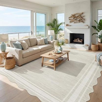 GarveeHome Scalloped Washable 8x10 Area Rugs for Living Room, Modern Bordered Solid Rug for Bedroom, Scalloped Non-Slip Stain Resistant Rug for Dining Room Farmhouse Dorm, Cream