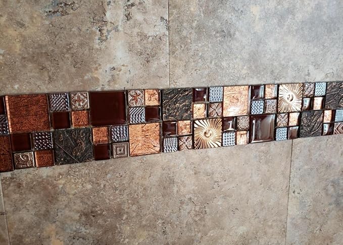 Red Wine Colors Glass Tile 2'' x 2'' Leaf Carving Imprints Antique Mosaics Textured Rose Gold Metal Kitchen Bathroom Walls Backsplash Tiles (Pack of 5 Square Feet)