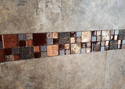 Red Wine Colors Glass Tile 2'' x 2'' Leaf Carving Imprints Antique Mosaics Textured Rose Gold Metal Kitchen Bathroom Walls Backsplash Tiles (Pack of 5 Square Feet)