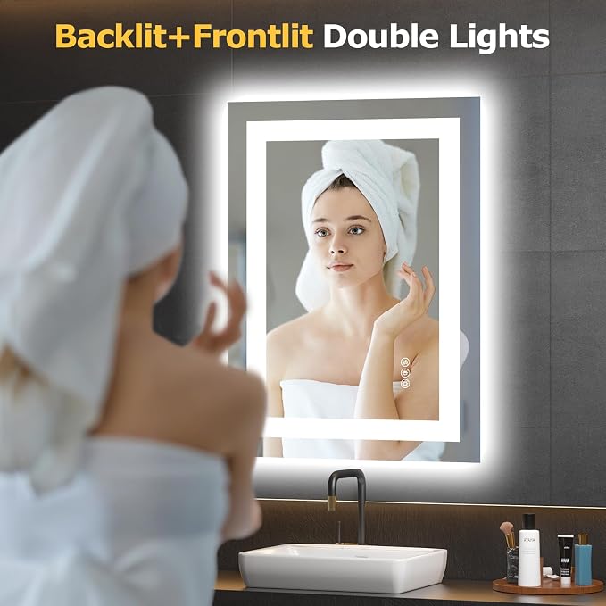 Hivone 28"X20" LED Bathroom Mirror with Lights, Anti-Fog, Dimmable, Backlit + Front Lit, Smart Bathroom Vanity Mirror, Memory Function, Shatterproof, Tempered Glass (Horizontal/Vertical)