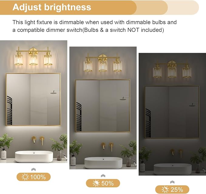 Brushed Gold Bathroom Light Fixtures, Round, 3-Light | Vanity Lights with Crystal Shades, Modern Bathroom Lighting Fixtures over Mirror (Bulbs Not Included, E26)