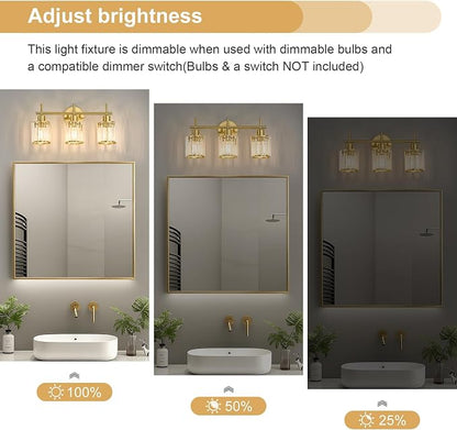 Brushed Gold Bathroom Light Fixtures, Round, 3-Light | Vanity Lights with Crystal Shades, Modern Bathroom Lighting Fixtures over Mirror (Bulbs Not Included, E26)