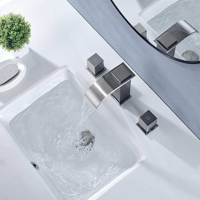 Luxury Brass Widespread Waterfall Bathroom Sink Faucets for 3 Hole 2-Handle 8 Inch Deck Vanity Faucet, &Stainless Steel Pop-up Drain Assembly, Brushed Nickel