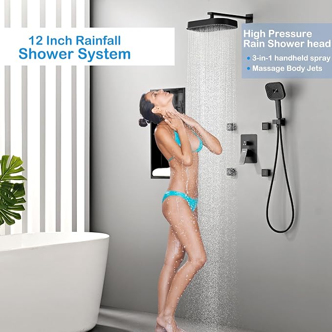 12" Rain Shower System with 4 Massage Body Jets,Shower Faucet Set Luxury Shower Head System with 3-in-1 Handheld,Wall Mounted Shower System Set with Valve and Trim Kit,Matte Black
