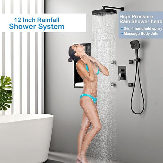 12" Rain Shower System with 4 Massage Body Jets,Shower Faucet Set Luxury Shower Head System with 3-in-1 Handheld,Wall Mounted Shower System Set with Valve and Trim Kit,Matte Black