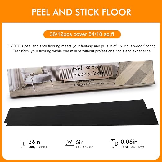 36-Pack 54 Sq.ft Peel and Stick Floor Tiles,Black Vinyl Flooring Wood Plank,Self-Adhesive Waterproof for Bedroom, Kitchen, Living Room Home Decor
