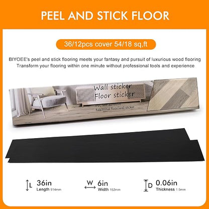 36-Pack 54 Sq.ft Peel and Stick Floor Tiles,Black Vinyl Flooring Wood Plank,Self-Adhesive Waterproof for Bedroom, Kitchen, Living Room Home Decor