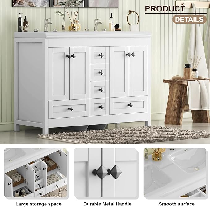 48" Bathroom Vanities with Sink Combo, Modern Double Bathroom Vanity with 4 Doors & 5 Drawers, Freestanding White Bathroom Cabinet with Double Ceramic Sink, White