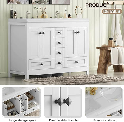 48" Bathroom Vanities with Sink Combo, Modern Double Bathroom Vanity with 4 Doors & 5 Drawers, Freestanding White Bathroom Cabinet with Double Ceramic Sink, White