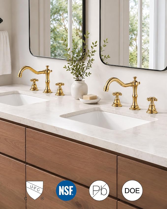 gotonovo 3 Hole 8’’ Widespread Bathroom Sink Faucet Polished Gold | Vintage Bathroom Faucet,2 Cross Handle,6-16’’ Sink,Vanity,Basin,RV,Farmhouse,SUS304,24’’ cUPC Hose Pop Up Drain,Deck Mount