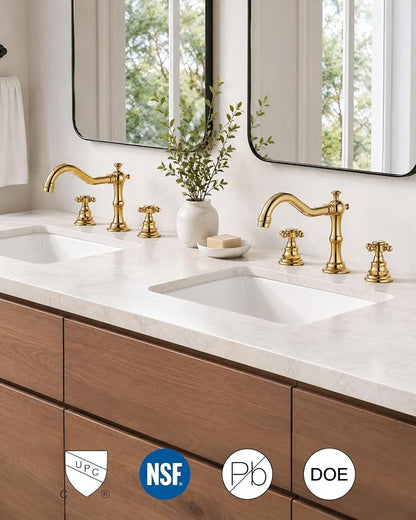 gotonovo 3 Hole 8’’ Widespread Bathroom Sink Faucet Polished Gold | Vintage Bathroom Faucet,2 Cross Handle,6-16’’ Sink,Vanity,Basin,RV,Farmhouse,SUS304,24’’ cUPC Hose Pop Up Drain,Deck Mount