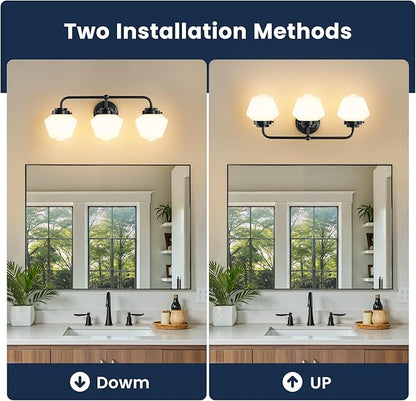 Bathroom Vanity Light Fixtures: 3-Light Black Vanity Lights for Bathroom Over Mirror, Farmhouse Wall Sconce Lighting with Frosted Milky Glass for Kitchen (Exclude Bulb)