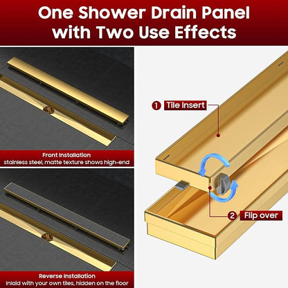 DLONE® Linear Shower Drain - 36 Inch Brushed Gold, with Tile Insert Panel | AISI 304 Stainless Steel Linear Drain, Rectangle Shower Floor Drain, with Adjustable Feet, Fits Bathroom & Balcony etc