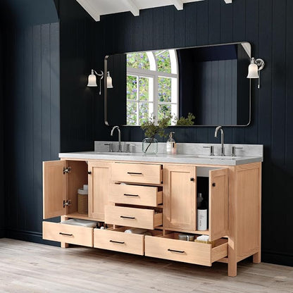 ARIEL Cambridge 72-inch Bathroom Vanity with Sink,Solid Wood, 1.5-inch Italian Carrara Marble Countertop, Double Rectangular Porcelain Sink, 4 Soft Closing Doors, 6 Dovetail Drawers, White Oak