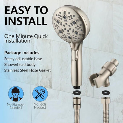 Shower Head with Handheld, 9-Setting High Pressure Shower head with handhelds, Built-in Handheld Power Spray, 79in Extra Long Stainless Steel Hose & Shower Head Holder (Brushed Nickel)