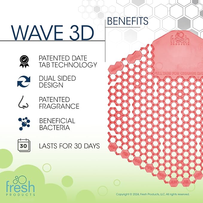 Fresh Products Wave 3D Urinal Screen Deodorizer, Kiwi Grapefruit, 10 packs | Anti-Splash Shield For Men Bathroom, 30-Day Odor Control With Beneficial Bacteria, Easy Double-Sided Install, Made In USA