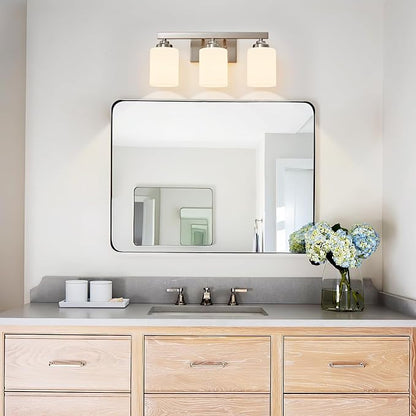 Bathroom Light Fixtures, Vanity Light Over Mirror Nickel 3-Light Fixture | Modern bathroom vanity light fixture with metal frame, ideal for mirrors, bedrooms and hallways. Fits E26 bulbs.