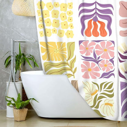 JAWO Cute Boho Floral Shower Curtain, Vintage Colorful Abstract Floral Retro Aesthetic Plant Shower Curtain for Bathroom, Funky Unique Purple Waterproof Fabric Polyester Bath Curtains Decor,47Wx64H