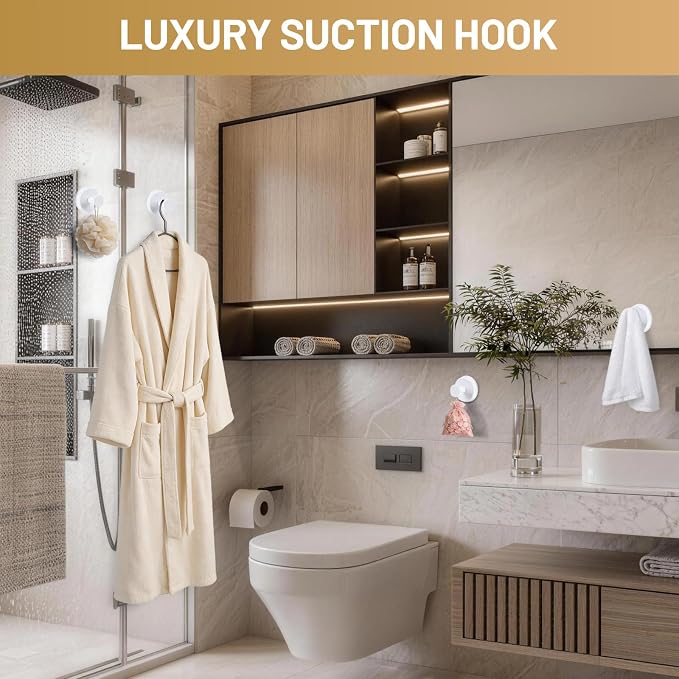 Suction Cup Hooks for Shower No-Drill Bathroom Hooks for Towels, Robes, Loofah Mountable on Bathroom Walls, Kitchen, Glass, Mirrors, Tile and Smooth,Non-Porous Surfaces (2, White)