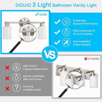 Brushed Nickel 3-Light Bathroom Vanity Light Modern Bathroom Light Fixtures Nickel Vanity Lights with Eye-Friendly Milky White Frosted Glass Shades E26 Socket (Bulbs Not Included)
