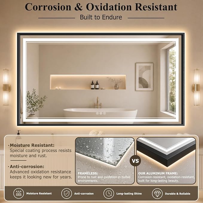 36"x60" LED Bathroom Mirror with Lights, Backlit + Front Lit, Anti-Fog | Lighted Bathroom Mirror with One-Piece Aluminum Alloy Frame, HD Shatterproof Tempered Glass, Dimmable, Memory Function