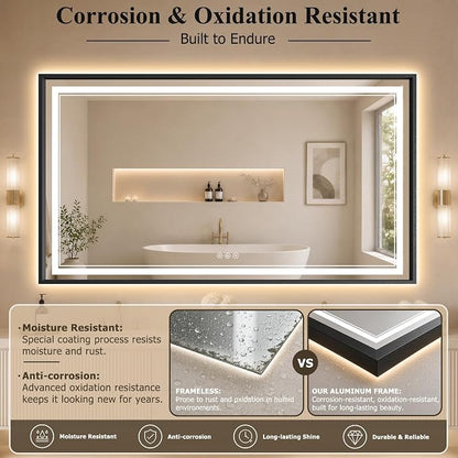 36"x60" LED Bathroom Mirror with Lights, Backlit + Front Lit, Anti-Fog | Lighted Bathroom Mirror with One-Piece Aluminum Alloy Frame, HD Shatterproof Tempered Glass, Dimmable, Memory Function