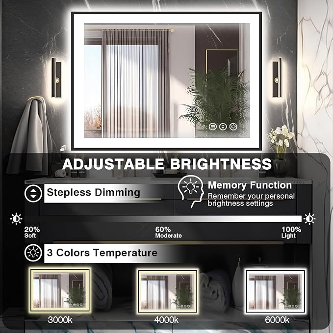 EchosLife 40x36 LED Bathroom Vanity Mirrors - Black Aluminum Edge | Black Frame, Front and Backlit, Anti-Fog, Stepless Dimmable, 3 Colors, Memory, Tempered Glass, UL Listed, Horizontal/Vertical