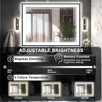 EchosLife 40x36 LED Bathroom Vanity Mirrors - Black Aluminum Edge | Black Frame, Front and Backlit, Anti-Fog, Stepless Dimmable, 3 Colors, Memory, Tempered Glass, UL Listed, Horizontal/Vertical
