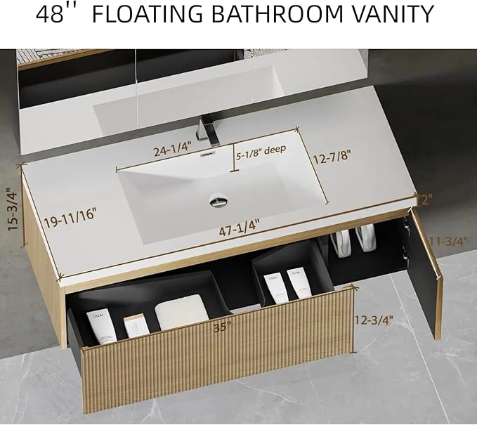 48'' Floating Bathroom Vanity with Sink, Wall-Mounted Bathroom Storage Cabinet with Soft-Close Striped Drawer, Cabinet Door & Solid Surface Basin, Natural Oak Body with Internal Handle, Wood