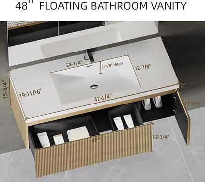 48'' Floating Bathroom Vanity with Sink, Wall-Mounted Bathroom Storage Cabinet with Soft-Close Striped Drawer, Cabinet Door & Solid Surface Basin, Natural Oak Body with Internal Handle, Wood