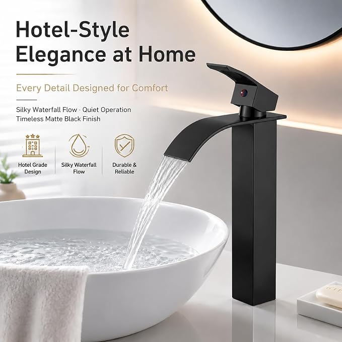 VOTON Vessel Sink Faucet Matte Black Modern Tall Waterfall Bathroom Sink Faucet with Pop-Up Drain Single Handle Bathroom Faucet 1 Hole Bowl Lavatory Vanity Faucet, Rv Sink Camper Farmhouse Faucet