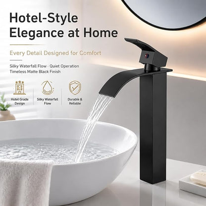 VOTON Vessel Sink Faucet Matte Black Modern Tall Waterfall Bathroom Sink Faucet with Pop-Up Drain Single Handle Bathroom Faucet 1 Hole Bowl Lavatory Vanity Faucet, Rv Sink Camper Farmhouse Faucet