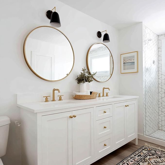 Gold Wall Mirror 28 inch, 2 Pack Round Mirro, Brushed Metal Frame | High Definition Mirror, Rust-resistant, Easy Installation, Circular Mirrors for Living room Bedroom, Entrance, Restroom