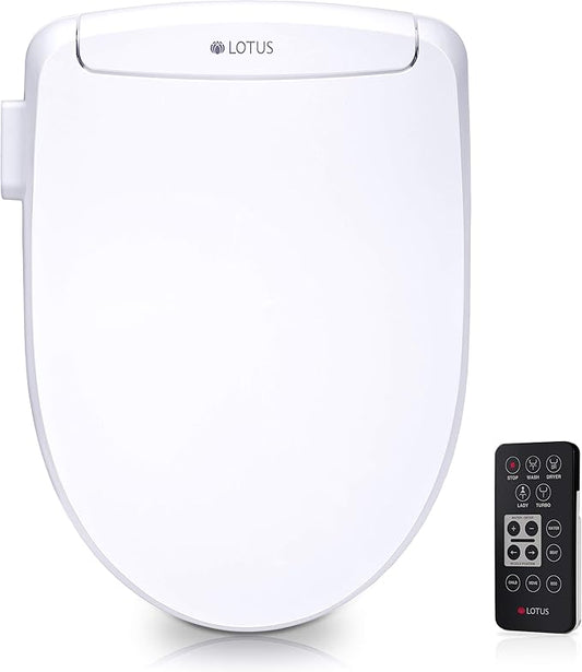 Lotus Bidet ATS-500 Remote Elongated | Wireless Remote Control, Heated Toilet Seat with Adjustable Warm Water Wash, Stainless Steel Nozzle, Warm Air Dryer, Eco Mode, Easy DIY Installation