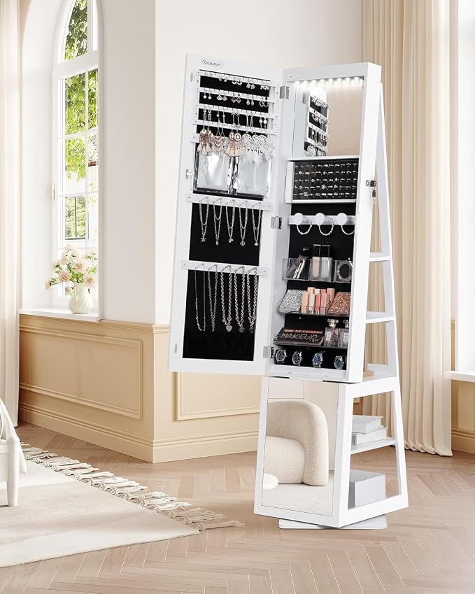 Hzuaneri 16 LEDs Jewelry Cabinet Armoire, Standing Jewelry Organizer | Lockable Full-length Mirror, 360° Rotating Base, 5-tier Storage Shelves, 4-in-1 Design, 61.5" H, White and Black JC15903B