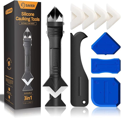 Saker Silicone Caulking Tool 3-in-1 Grout Removal Tool Kit Black Blue | Grout Remove Scraper Caulk Remover Glass Glue Angle Scraper for Bathroom,Kitchen,Floor,Window,Sink Joint,Frames Seal