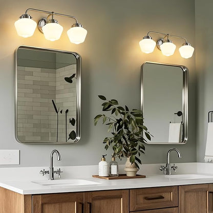 Bathroom Vanity Light Fixtures: 3-Lights Bathroom Lighting Fixtures Over Mirror, Brushed Nickel Vintage Wall Lights with Milky White Frosted Glass Shade for Bath Bedroom