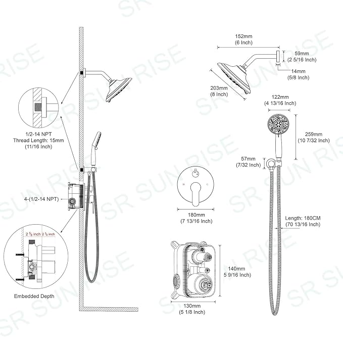 SR SUN RISE Shower Faucet - 8 Inch Multifunctional High Pressure Shower Head System with Handheld Shower Head Fixtures - Valve Included - Brushed Nickel