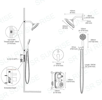 SR SUN RISE Shower Faucet - 8 Inch Multifunctional High Pressure Shower Head System with Handheld Shower Head Fixtures - Valve Included - Brushed Nickel