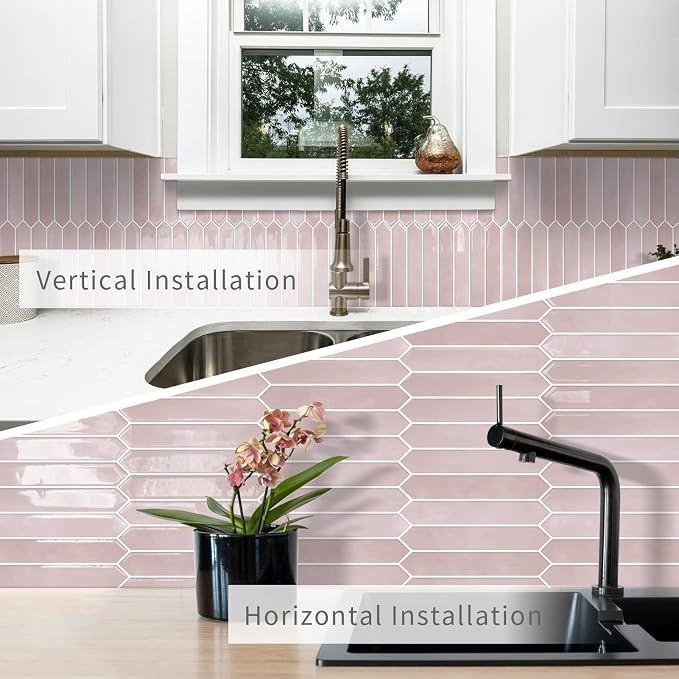 10 Sheets Long Hexagon Tile Peel and Stick Backsplash | Self-Adhesive Wall Tiles Stick on Back Splash for Kitchen, Bathroom, Fireplace,RV(Pink,12"×12")