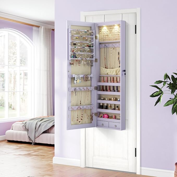 Giantex Wall or Door Mounted Jewelry Armoire with 47.5" Full Length Mirror, Lockable Cabinet with 2 LED Lights, 2 Drawers, Over the Door Large Jewelry Storage Organizer (Lavender)